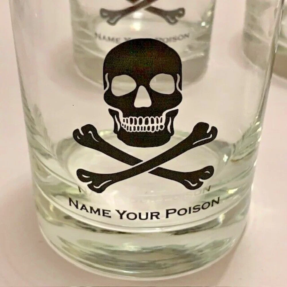 Halloween Skull Crossbones Name Your Poison Rocks Glass VTG MCM Glasses Set 4PC